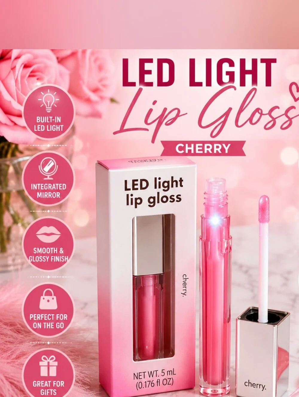 💋LED Light Lip Gloss Cherry | Mirror & Light Applicator | Hydrating Gloss